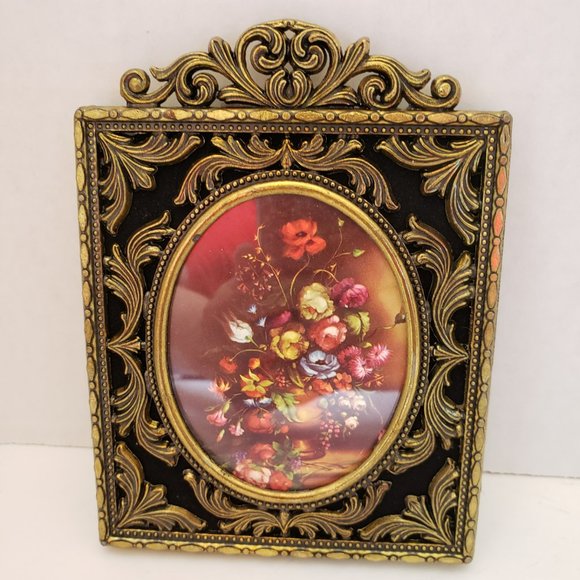 Vintage pair Italian Filigree Gold and Black Floral Art - Picture 5 of 8